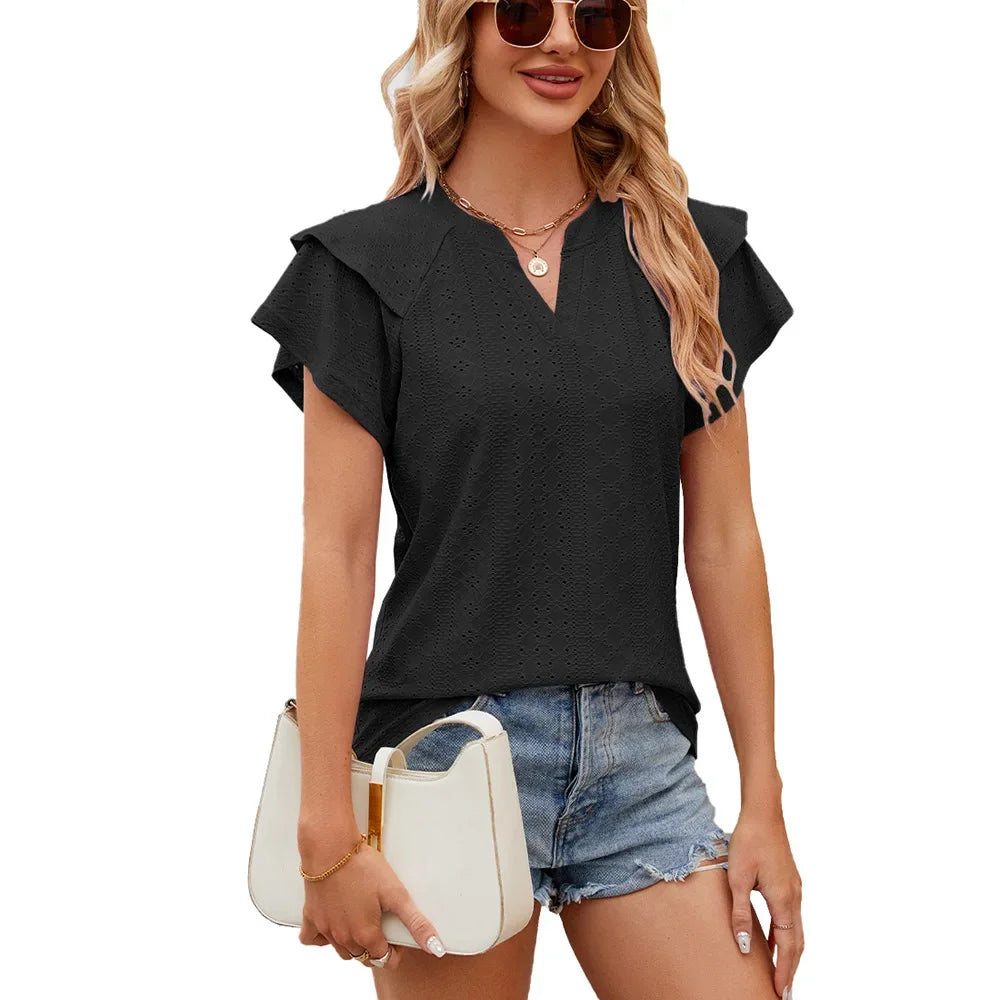 V Neck Summer Hollow Out Shirt