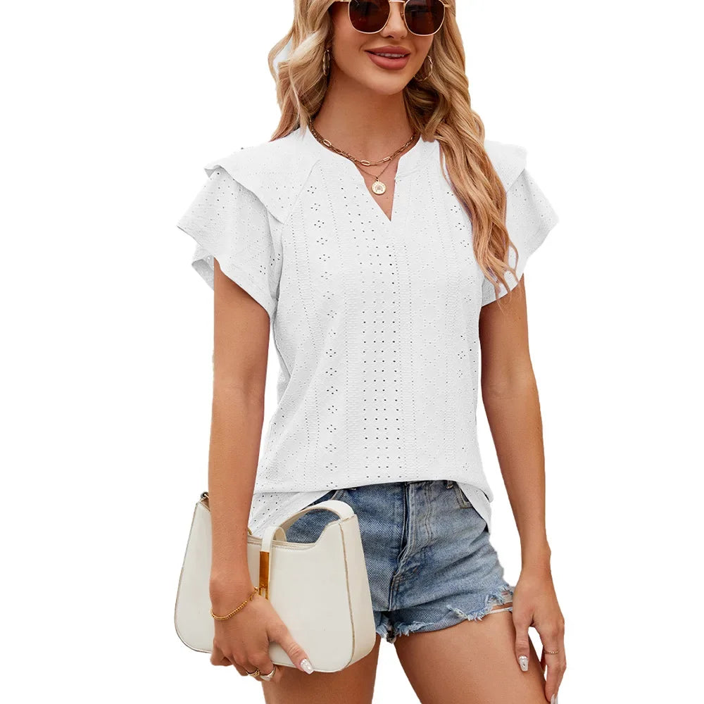 V Neck Summer Hollow Out Shirt