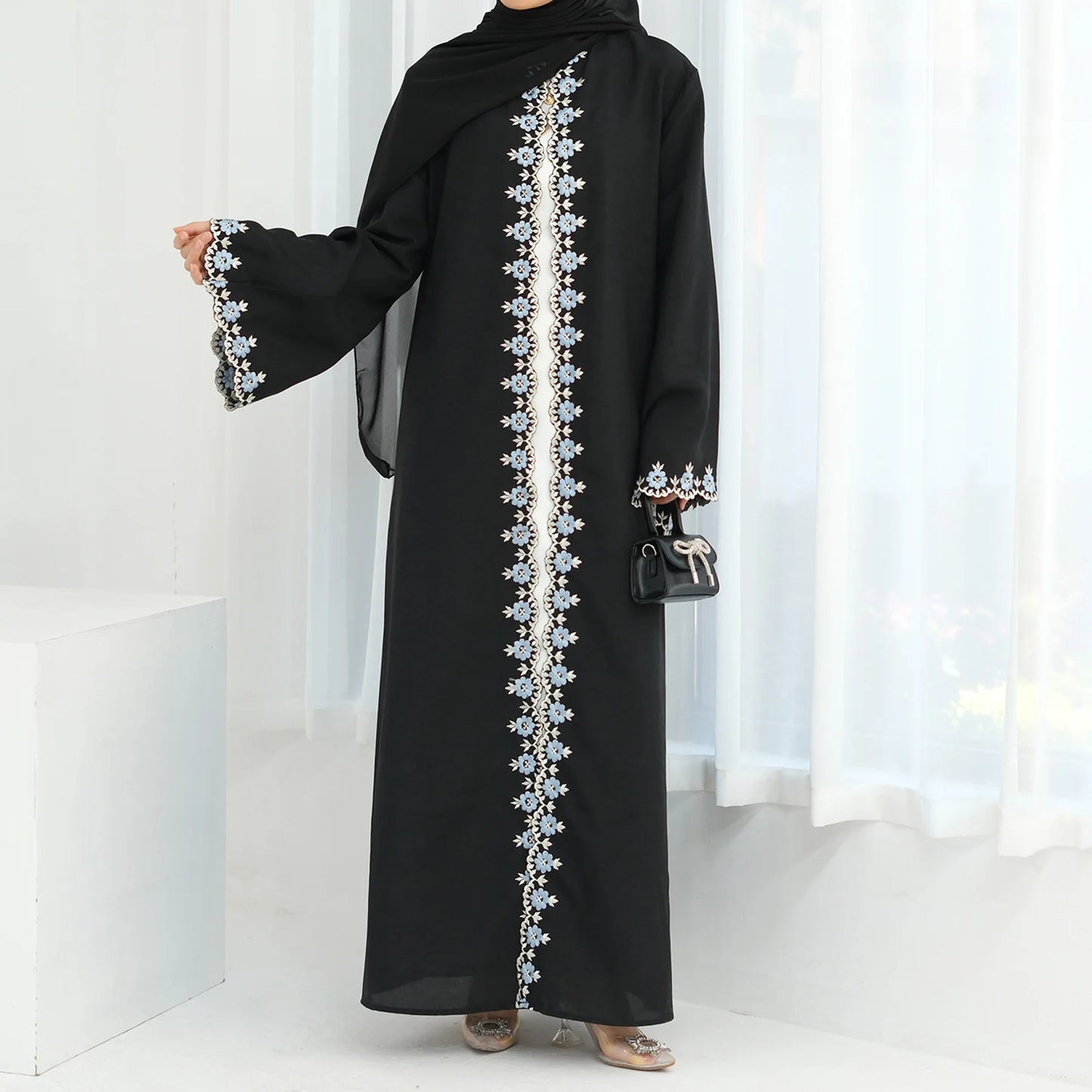 Open Flower Embroidery Abaya