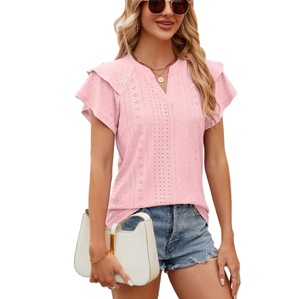 V Neck Summer Hollow Out Shirt